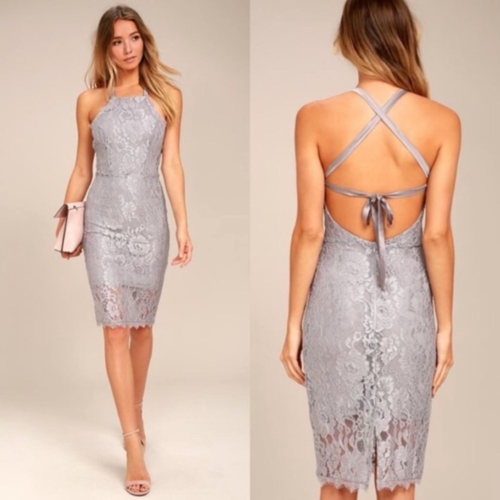 Lulu’s Grey Lace Ribbon Tie Back Dress